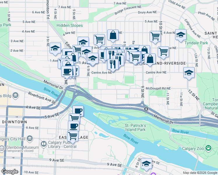 map of restaurants, bars, coffee shops, grocery stores, and more near in Calgary