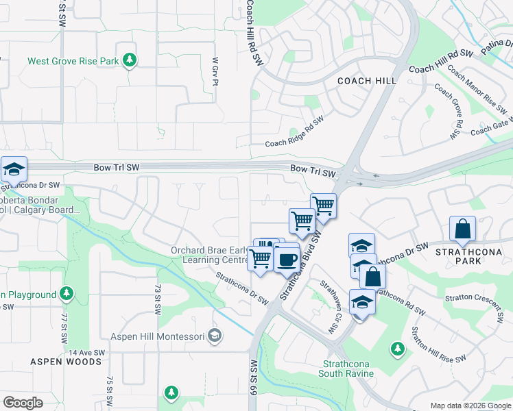 map of restaurants, bars, coffee shops, grocery stores, and more near 105 Straddock Terrace Southwest in Calgary