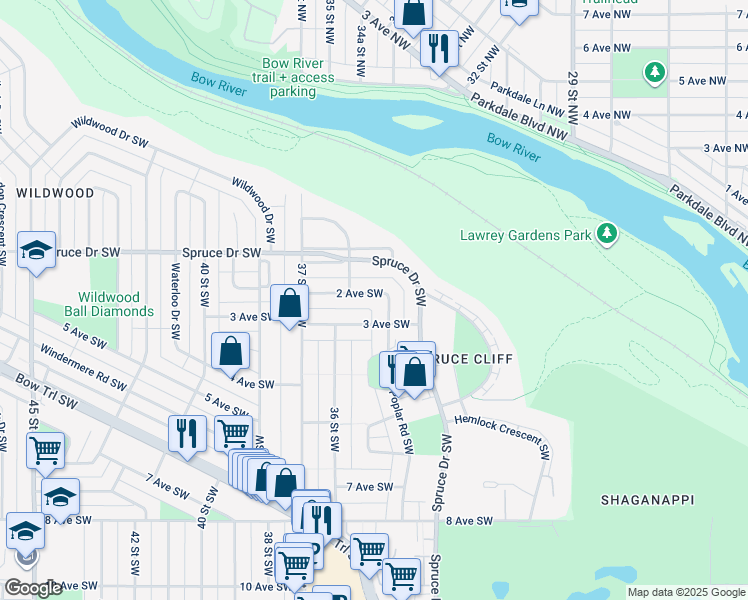 map of restaurants, bars, coffee shops, grocery stores, and more near 3519 2 Avenue Southwest in Calgary