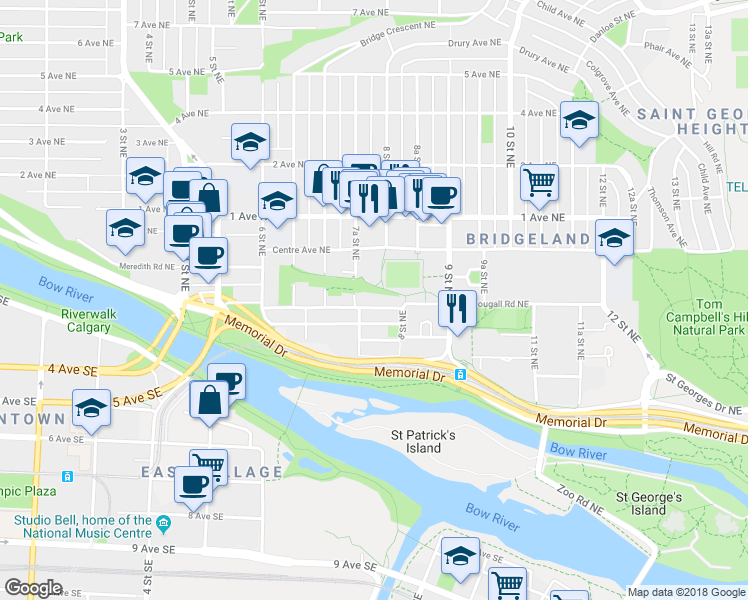 map of restaurants, bars, coffee shops, grocery stores, and more near 830 McDougall Road Northeast in Calgary