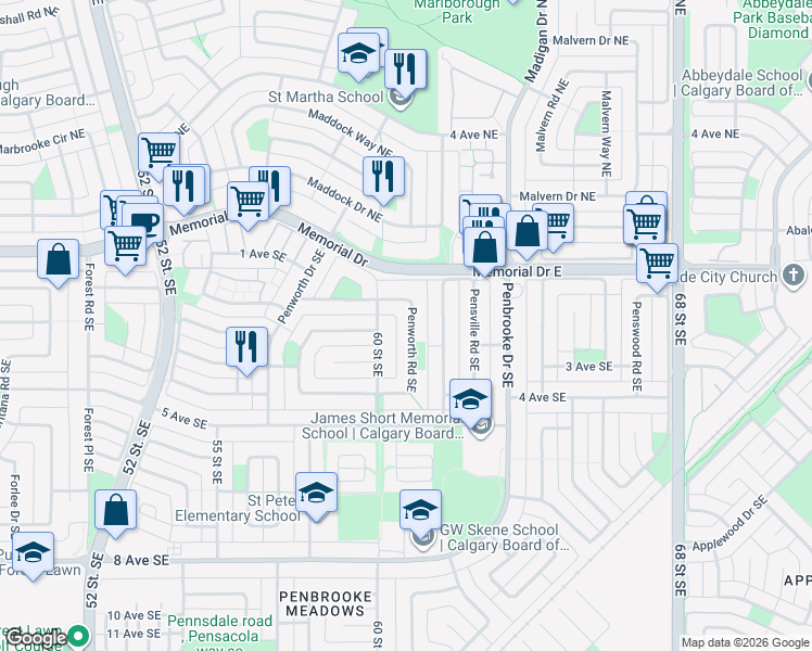 map of restaurants, bars, coffee shops, grocery stores, and more near 6151 Penworth Road Southeast in Calgary