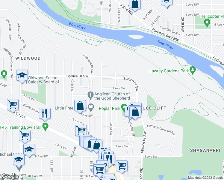 map of restaurants, bars, coffee shops, grocery stores, and more near 3711 2 Avenue Southwest in Calgary