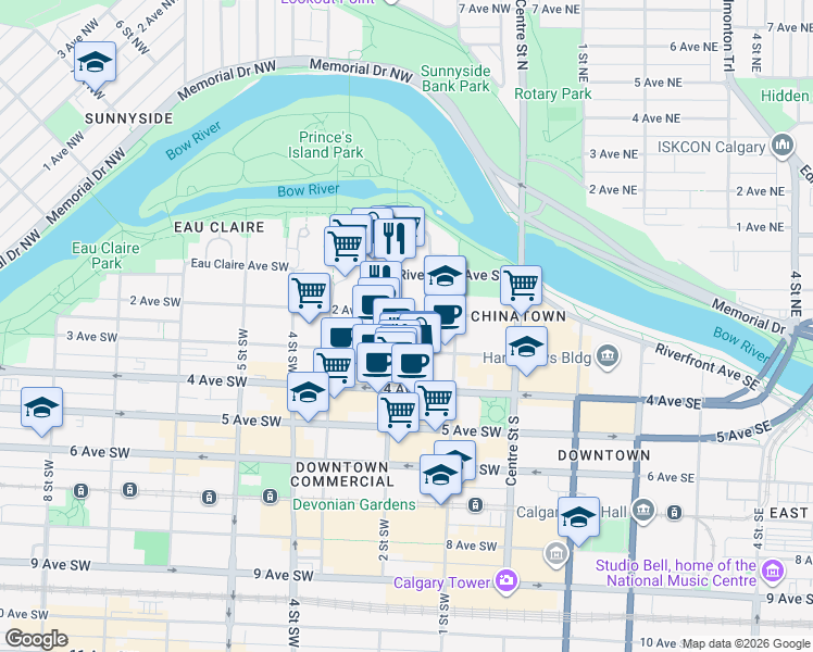map of restaurants, bars, coffee shops, grocery stores, and more near 250 2 Street Southwest in Calgary