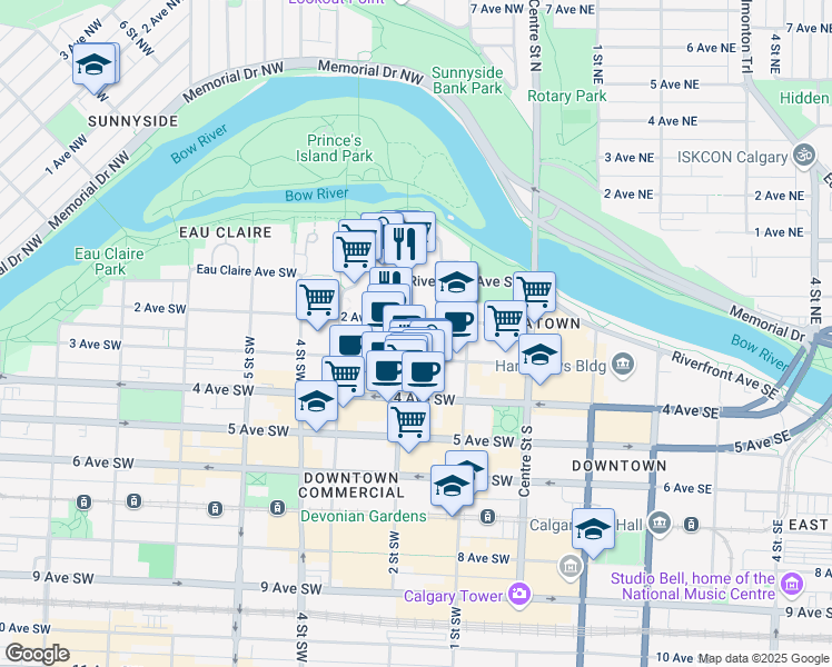map of restaurants, bars, coffee shops, grocery stores, and more near 250 2 Street Southwest in Calgary