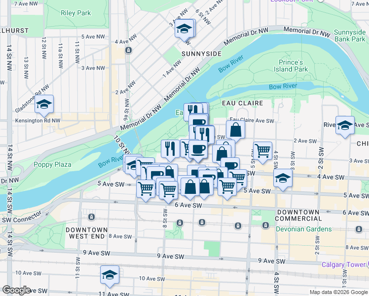 map of restaurants, bars, coffee shops, grocery stores, and more near in Calgary