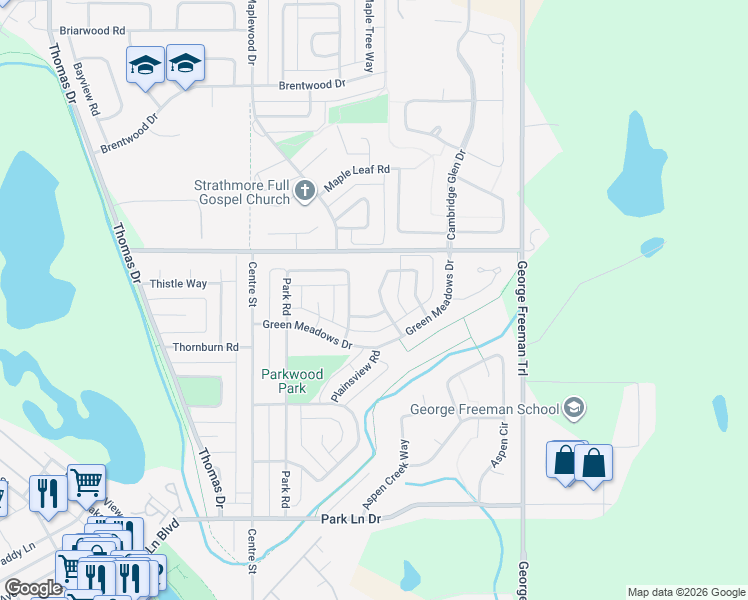 map of restaurants, bars, coffee shops, grocery stores, and more near 10 Greenview Crescent in Strathmore