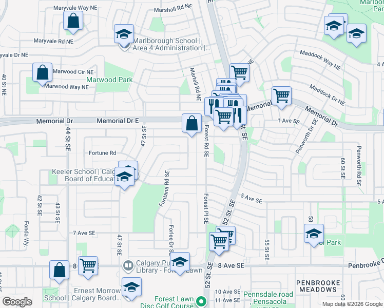 map of restaurants, bars, coffee shops, grocery stores, and more near 404 Foritana Road Southeast in Calgary