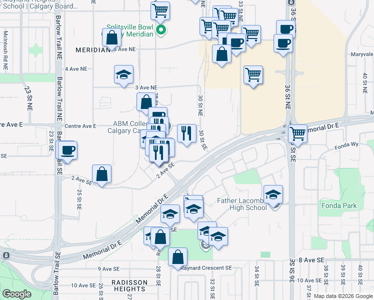 map of restaurants, bars, coffee shops, grocery stores, and more near 2908-3030 2 Avenue Southeast in Calgary