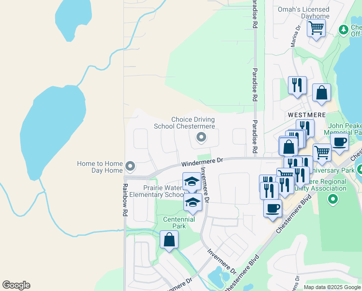 map of restaurants, bars, coffee shops, grocery stores, and more near 129 Hawkmere Close in Chestermere
