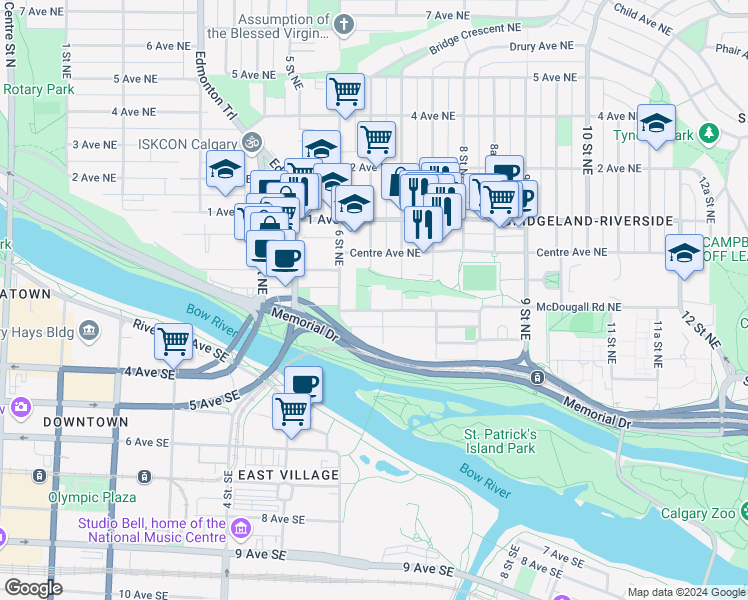 map of restaurants, bars, coffee shops, grocery stores, and more near in Calgary