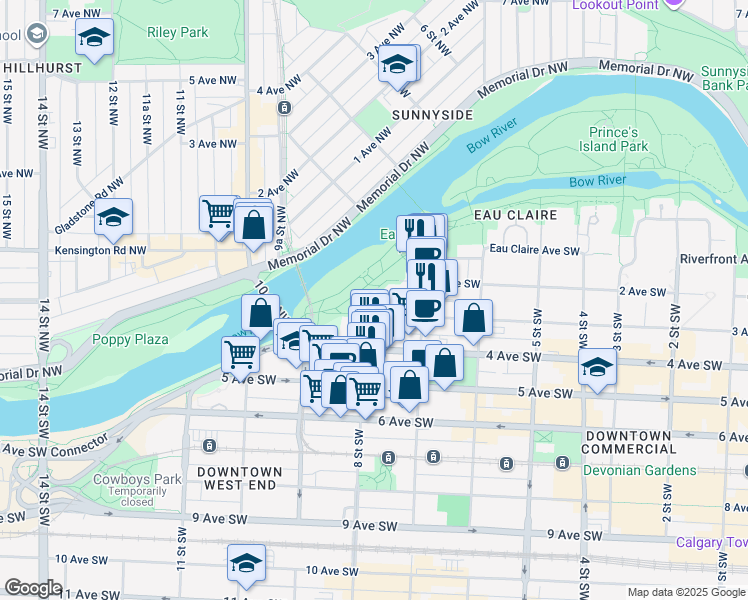 map of restaurants, bars, coffee shops, grocery stores, and more near 202 8 Street Southwest in Calgary