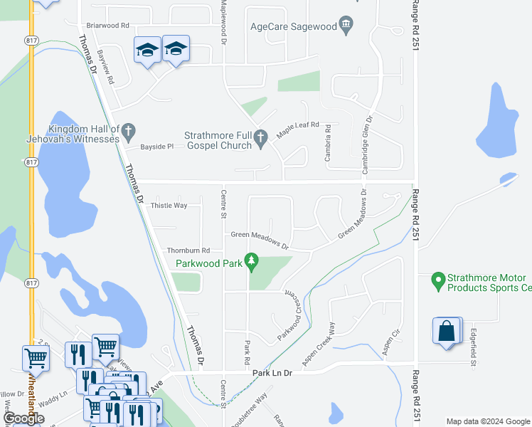 map of restaurants, bars, coffee shops, grocery stores, and more near 4 Green Meadow Place in Strathmore