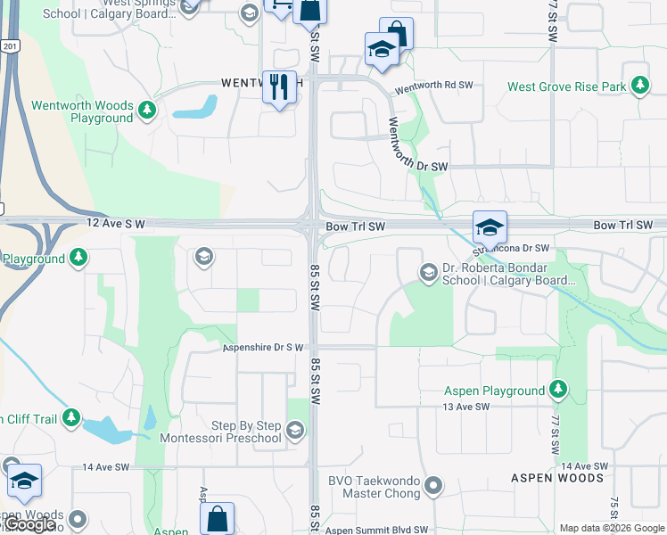 map of restaurants, bars, coffee shops, grocery stores, and more near 39 Strathlea Common Southwest in Calgary