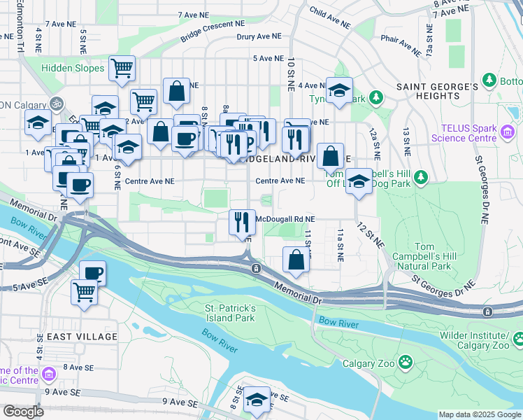 map of restaurants, bars, coffee shops, grocery stores, and more near in Calgary
