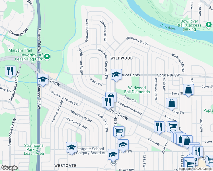 map of restaurants, bars, coffee shops, grocery stores, and more near 17 Wimbledon Crescent Southwest in Calgary