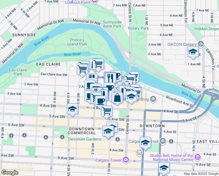 map of restaurants, bars, coffee shops, grocery stores, and more near 197 1 Street Southwest in Calgary