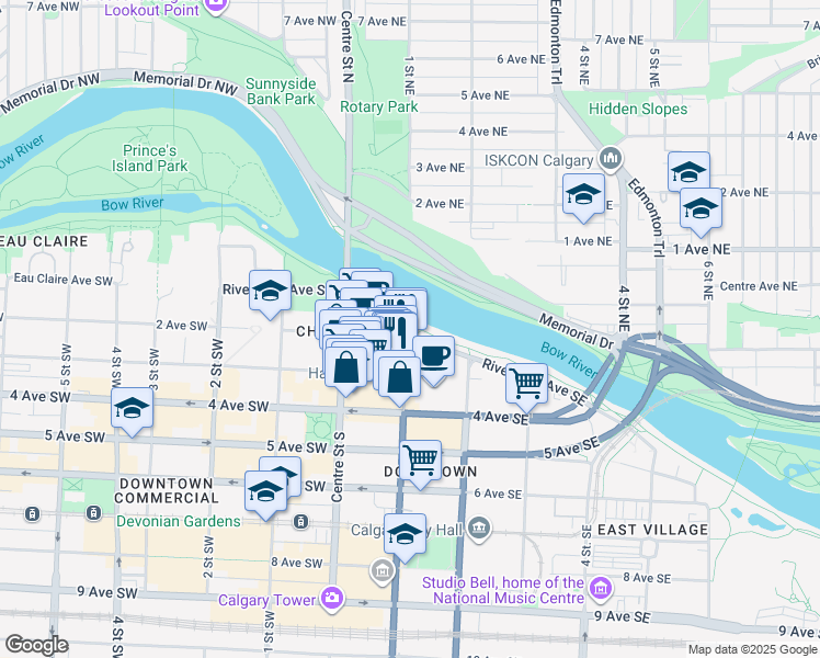 map of restaurants, bars, coffee shops, grocery stores, and more near 198 Riverfront Avenue Southeast in Calgary