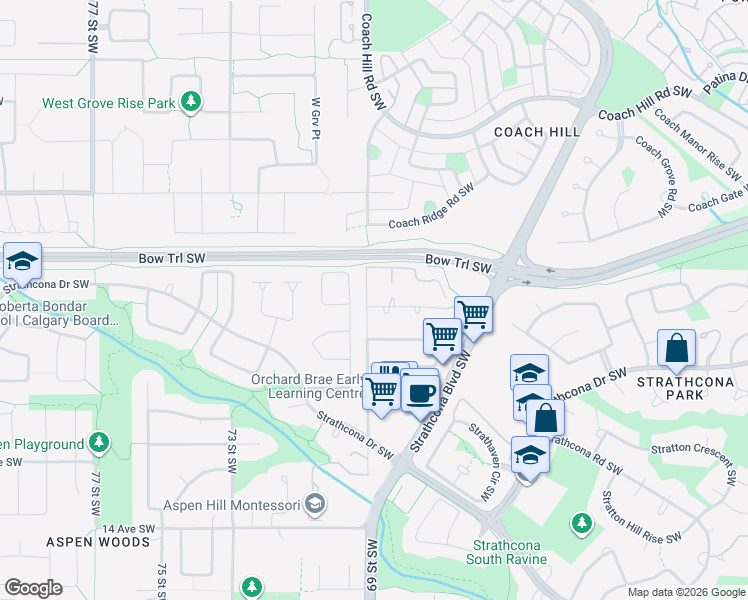 map of restaurants, bars, coffee shops, grocery stores, and more near 105 Straddock Terrace Southwest in Calgary