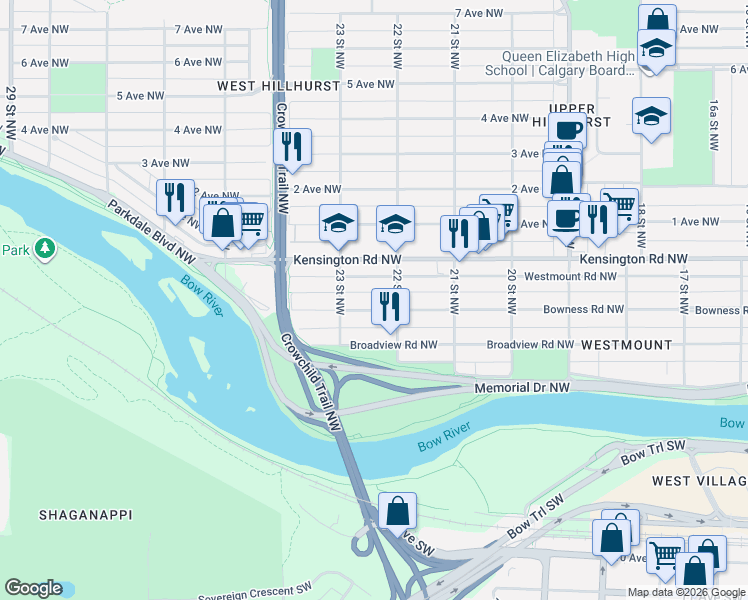 map of restaurants, bars, coffee shops, grocery stores, and more near in Calgary