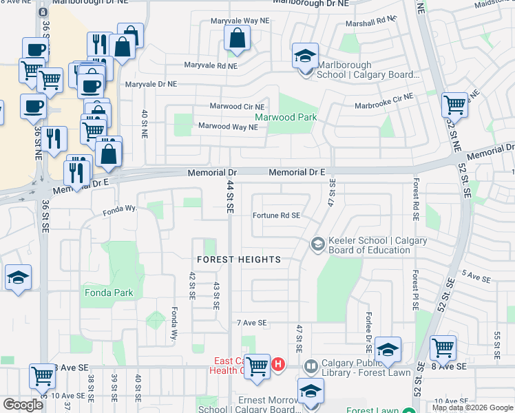 map of restaurants, bars, coffee shops, grocery stores, and more near 4408 Fordham Crescent Southeast in Calgary