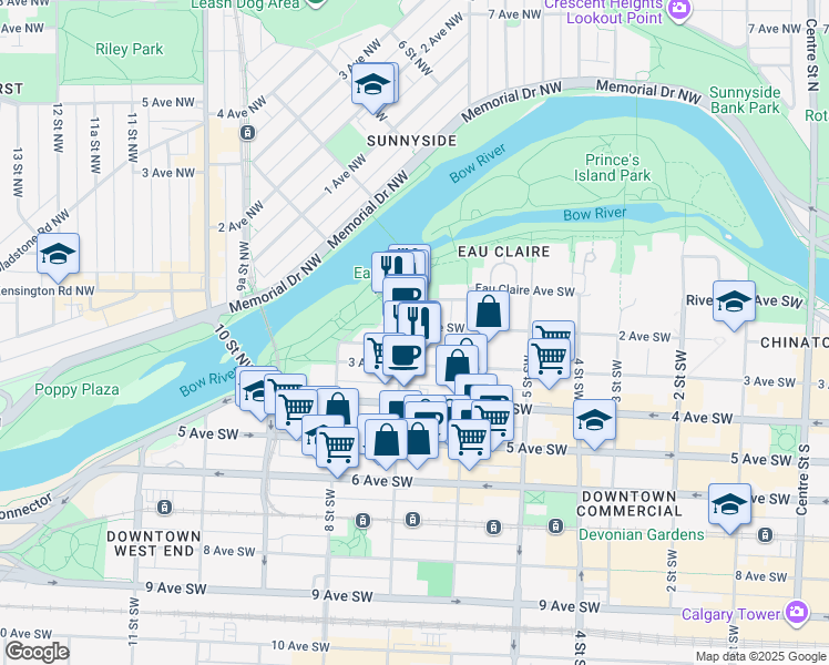 map of restaurants, bars, coffee shops, grocery stores, and more near in Calgary