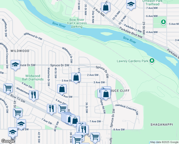 map of restaurants, bars, coffee shops, grocery stores, and more near 3711 2 Avenue Southwest in Calgary