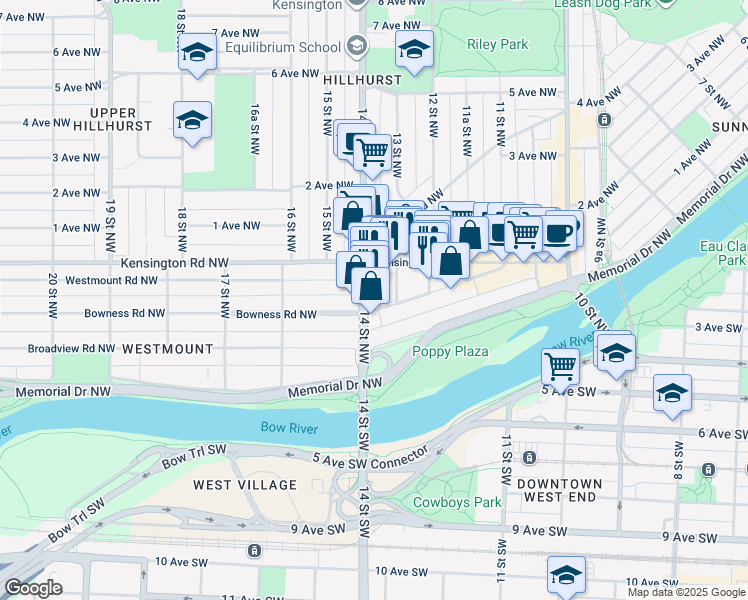 map of restaurants, bars, coffee shops, grocery stores, and more near 2 14 Street Northwest in Calgary