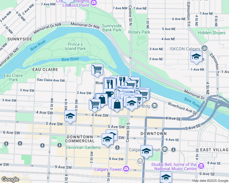 map of restaurants, bars, coffee shops, grocery stores, and more near 815 1 Street Southwest in Calgary