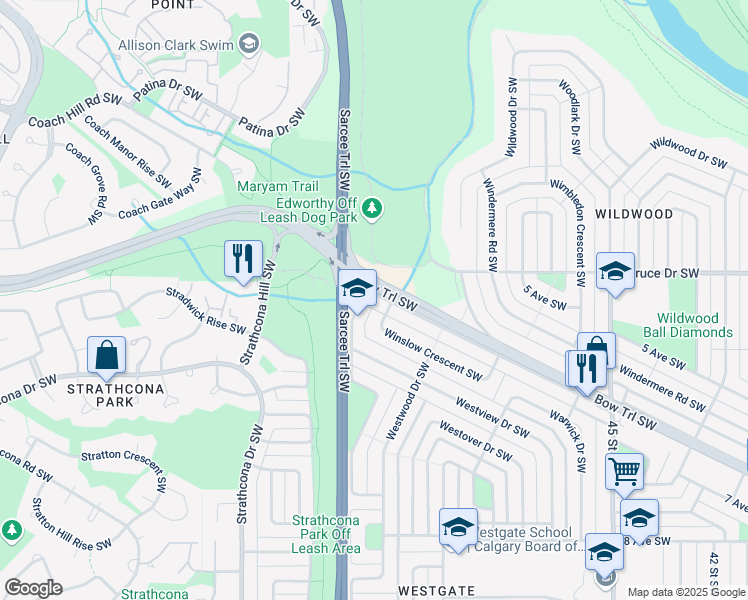 map of restaurants, bars, coffee shops, grocery stores, and more near 5355 Waverley Drive Southwest in Calgary