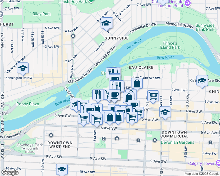 map of restaurants, bars, coffee shops, grocery stores, and more near in Calgary