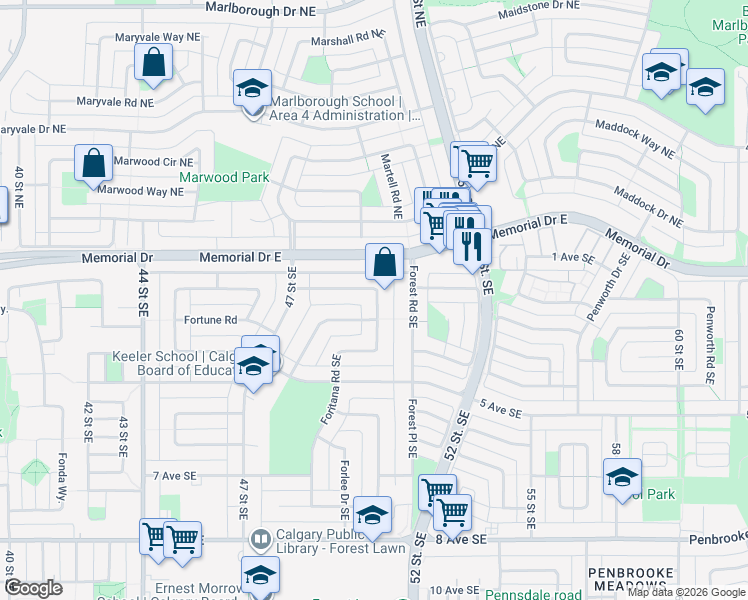 map of restaurants, bars, coffee shops, grocery stores, and more near 404 Foritana Road Southeast in Calgary