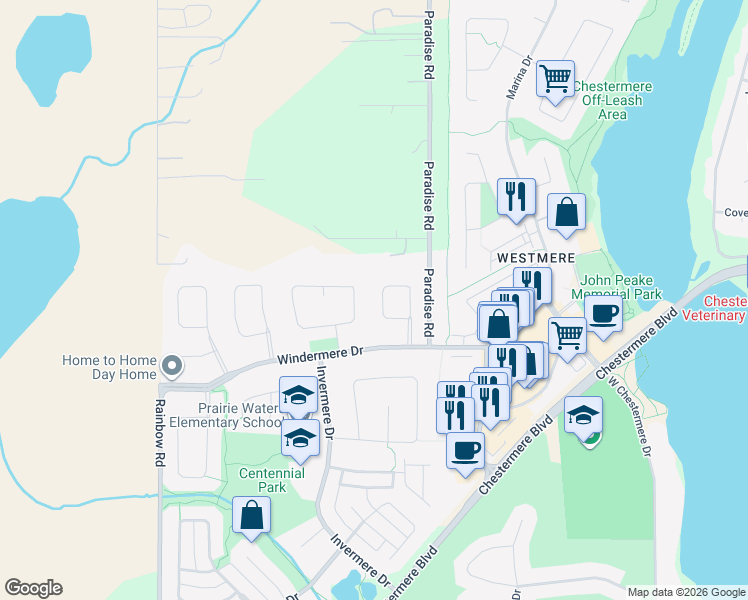 map of restaurants, bars, coffee shops, grocery stores, and more near 115 Hawkmere View in Chestermere