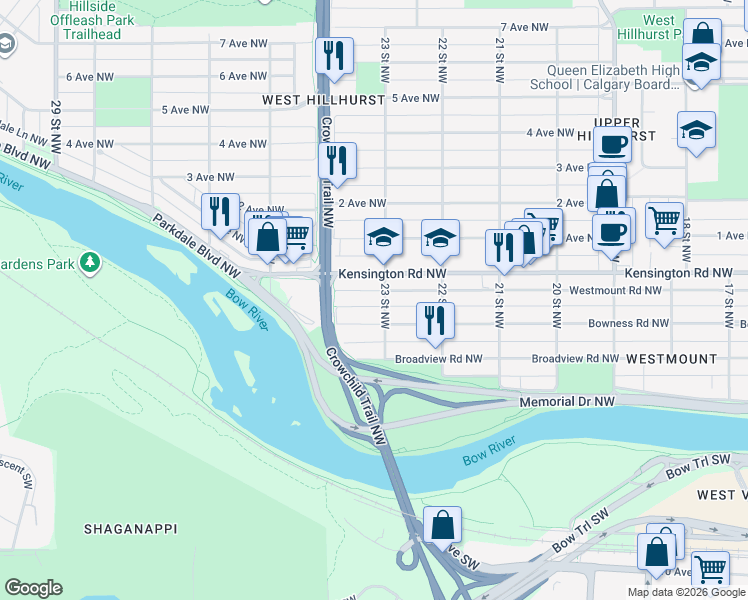 map of restaurants, bars, coffee shops, grocery stores, and more near 120 23 Street Northwest in Calgary