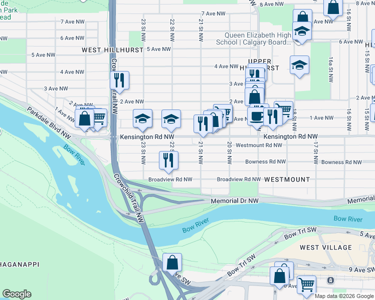 map of restaurants, bars, coffee shops, grocery stores, and more near in Calgary