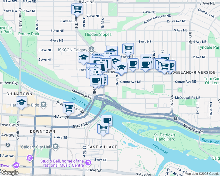 map of restaurants, bars, coffee shops, grocery stores, and more near in Calgary