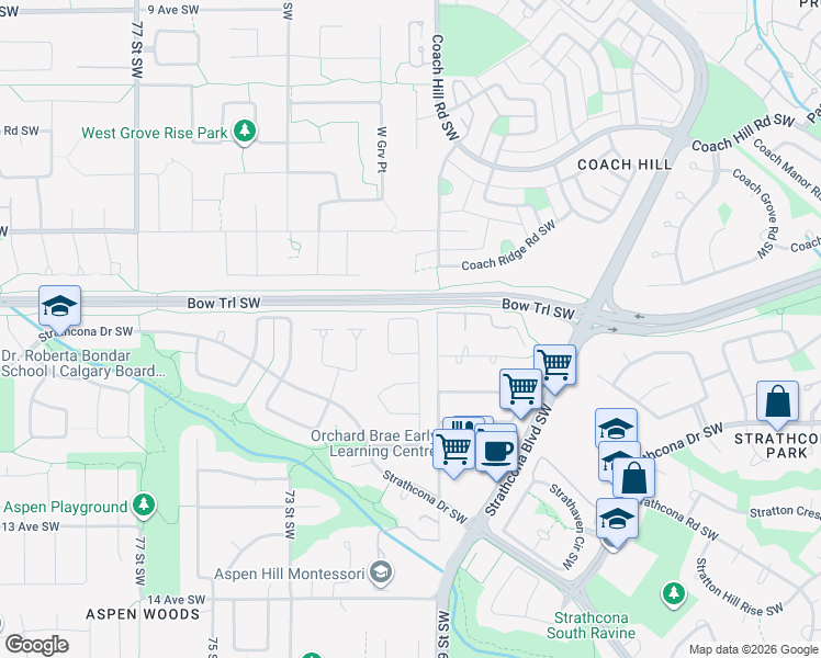 map of restaurants, bars, coffee shops, grocery stores, and more near 101 Strathridge Close Southwest in Calgary