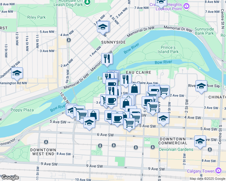 map of restaurants, bars, coffee shops, grocery stores, and more near 110 7 Street Southwest in Calgary