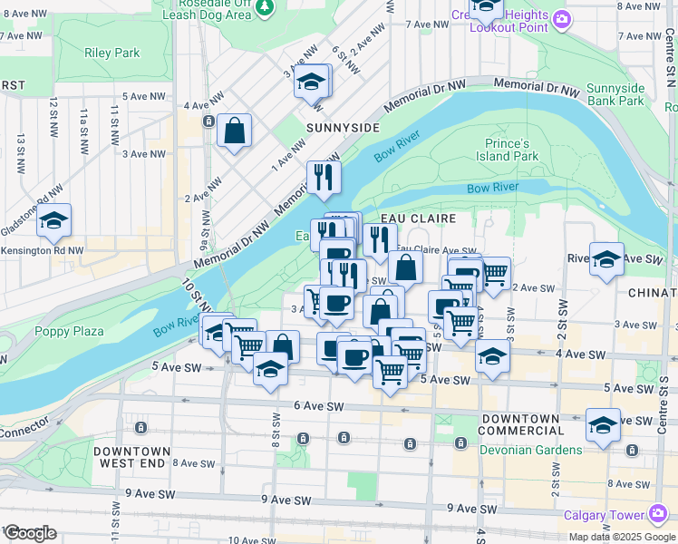 map of restaurants, bars, coffee shops, grocery stores, and more near in Calgary