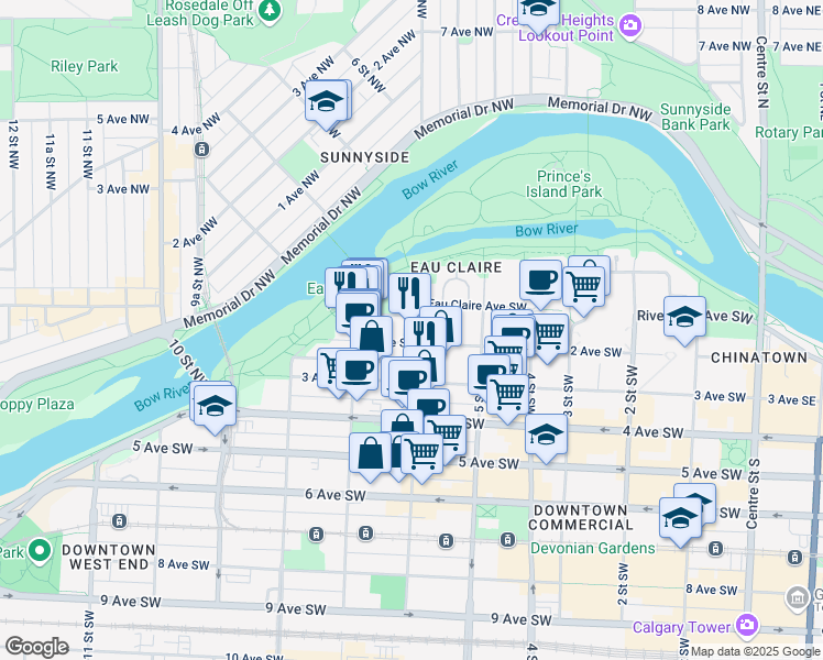 map of restaurants, bars, coffee shops, grocery stores, and more near in Calgary