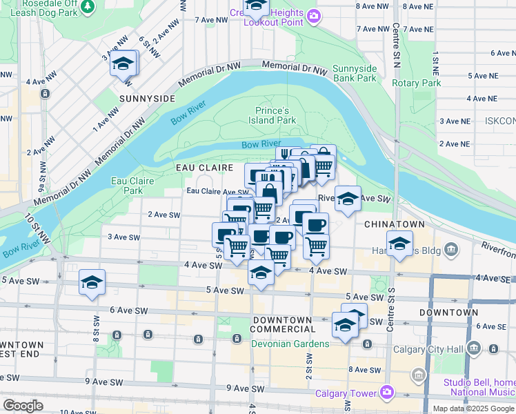 map of restaurants, bars, coffee shops, grocery stores, and more near 101 3 Street Southwest in Calgary
