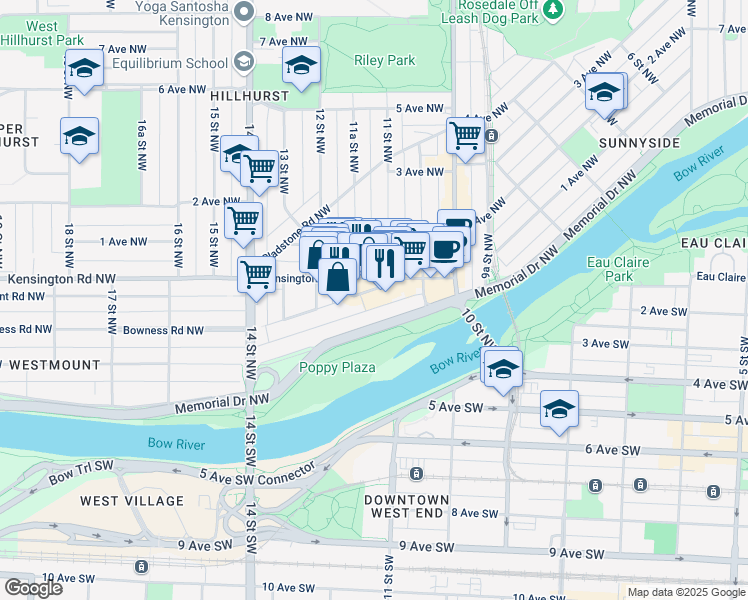 map of restaurants, bars, coffee shops, grocery stores, and more near in Calgary