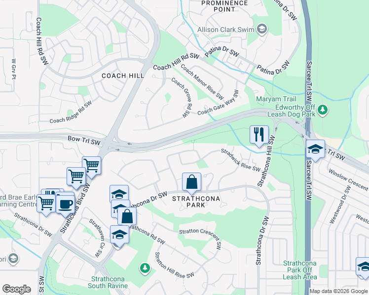 map of restaurants, bars, coffee shops, grocery stores, and more near 48 Strathclair Rise Southwest in Calgary