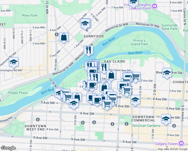 map of restaurants, bars, coffee shops, grocery stores, and more near in Calgary