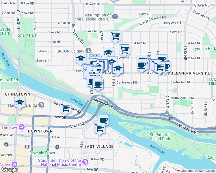 map of restaurants, bars, coffee shops, grocery stores, and more near 650 Meredith Road Northeast in Calgary