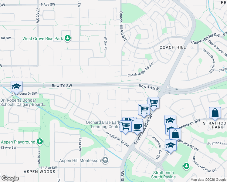 map of restaurants, bars, coffee shops, grocery stores, and more near 101 Strathridge Close Southwest in Calgary