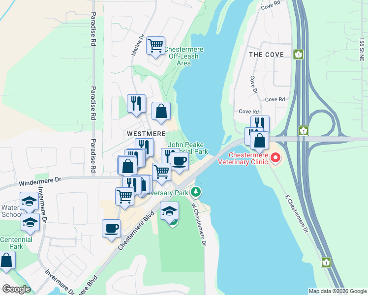 map of restaurants, bars, coffee shops, grocery stores, and more near 121 Chestermere Station Way in Chestermere
