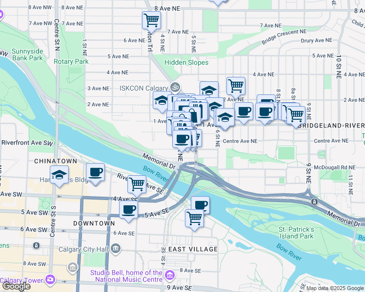 map of restaurants, bars, coffee shops, grocery stores, and more near in Calgary