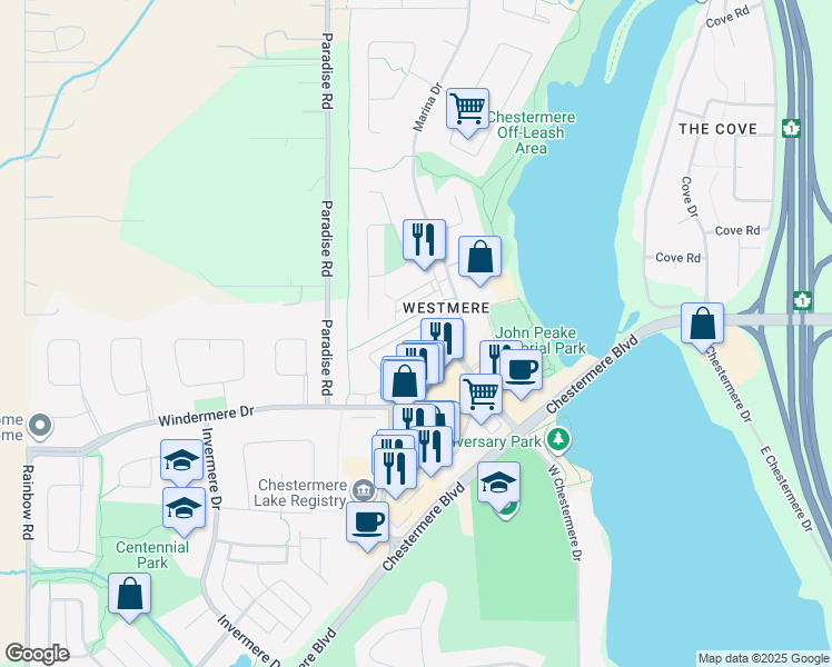 map of restaurants, bars, coffee shops, grocery stores, and more near 300 Marina Drive in Chestermere