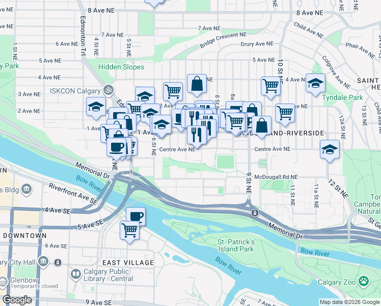 map of restaurants, bars, coffee shops, grocery stores, and more near 101 7A Street Northeast in Calgary