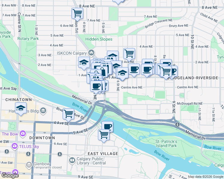 map of restaurants, bars, coffee shops, grocery stores, and more near in Calgary